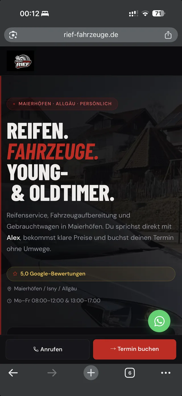 Website von Rief Fahrzeuge in der mobilen Ansicht auf dem iPhone