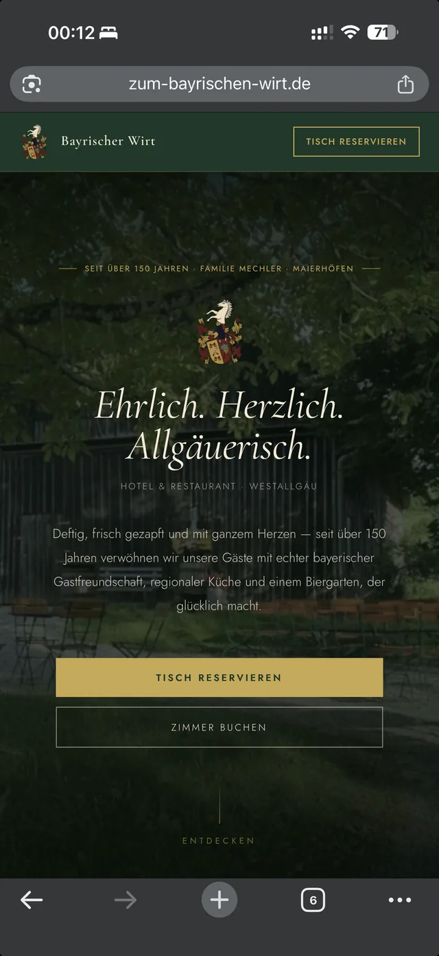 Website vom Bayrischen Wirt in der mobilen Ansicht auf dem iPhone